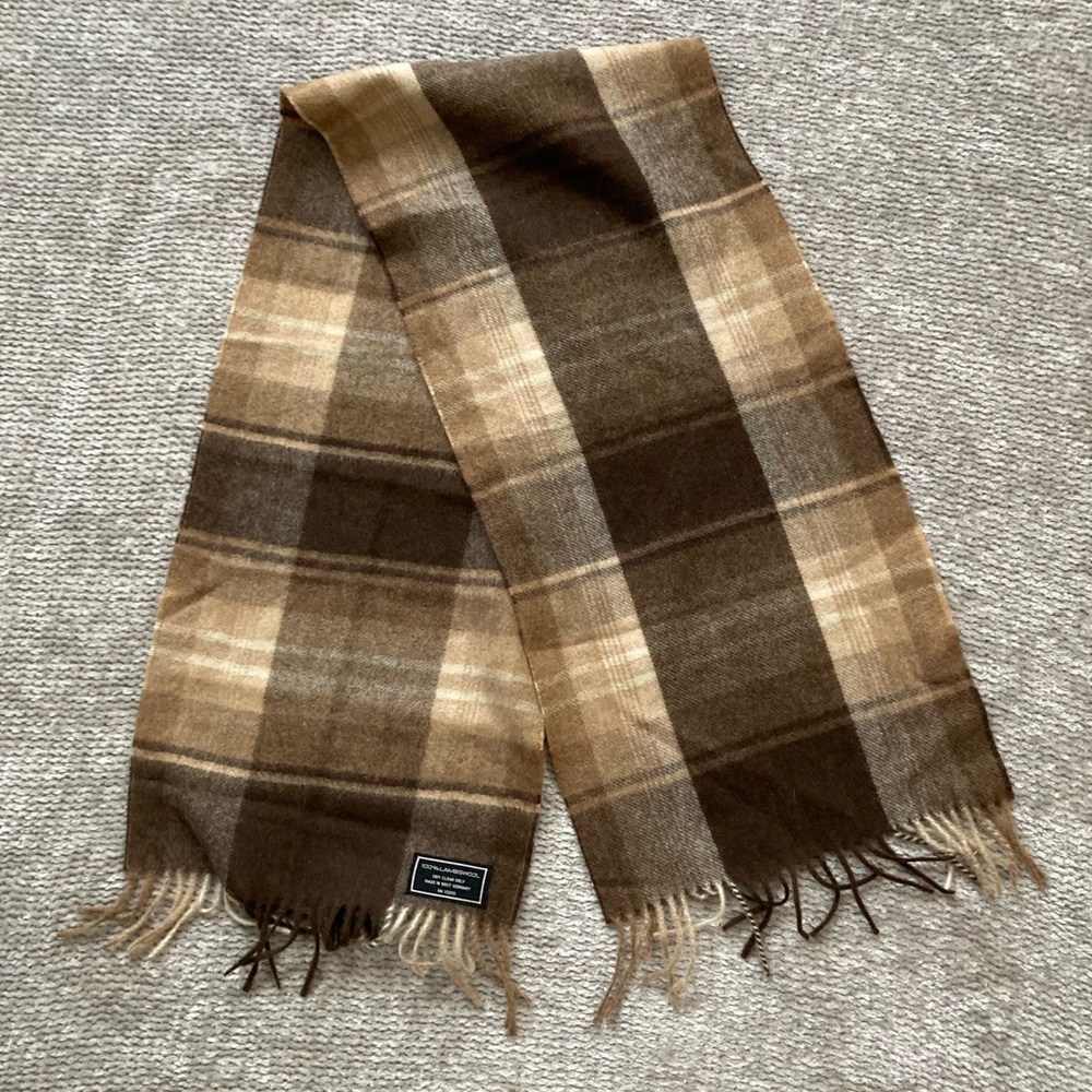 Vintage Wool Plaid Scarf Made in‎ West Germany Fringe Tan Brown Classic